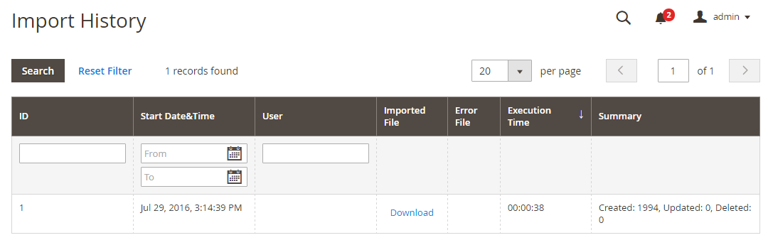 Magento 2演示导入历史记录