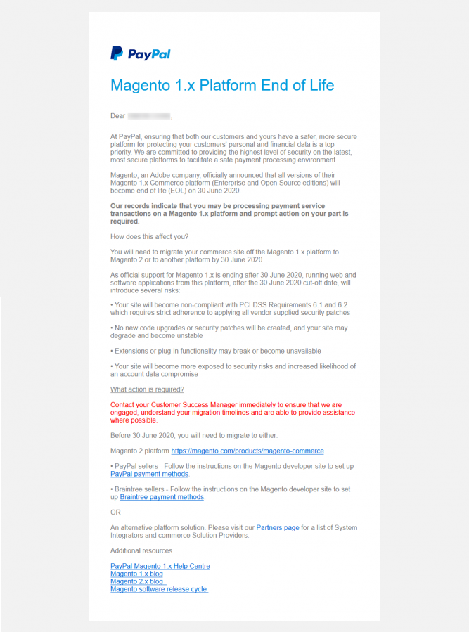 Paypal在Magento 1下线前的公告