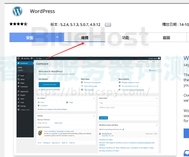 bluehost主机wordpress程序概览页面