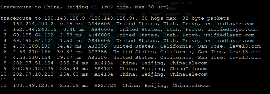 BlueHost美国服务器回程路由追踪