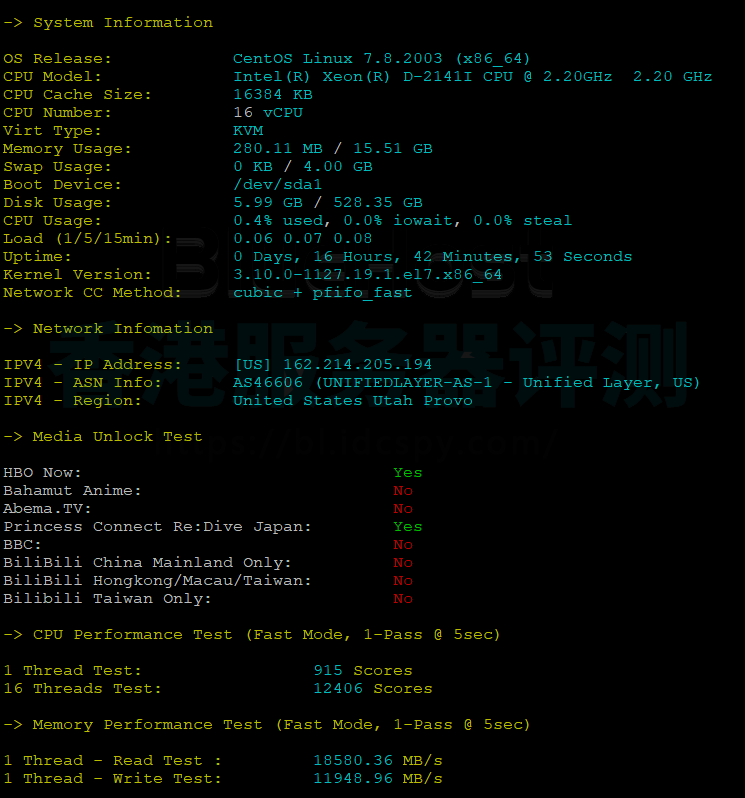 BlueHost美国服务器CPU内存现成测试