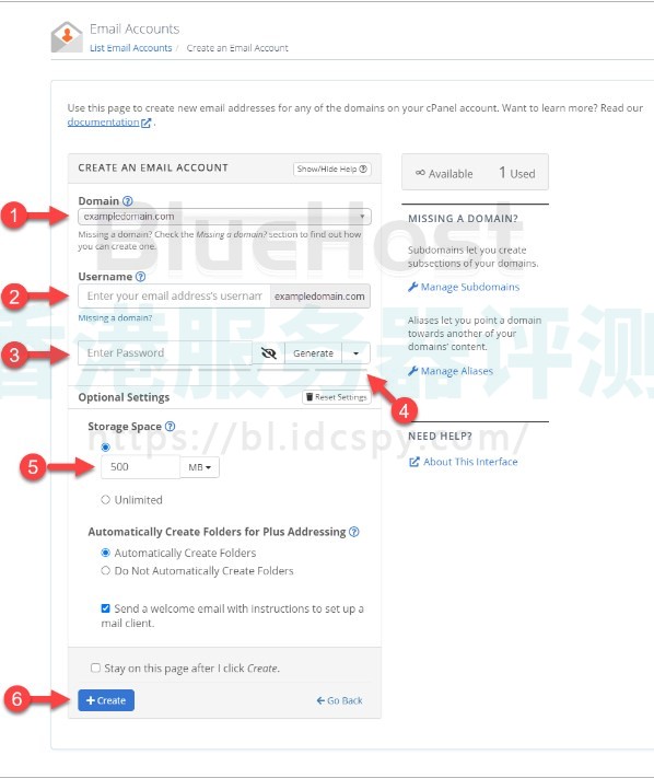 BlueHost电子邮件账户管理