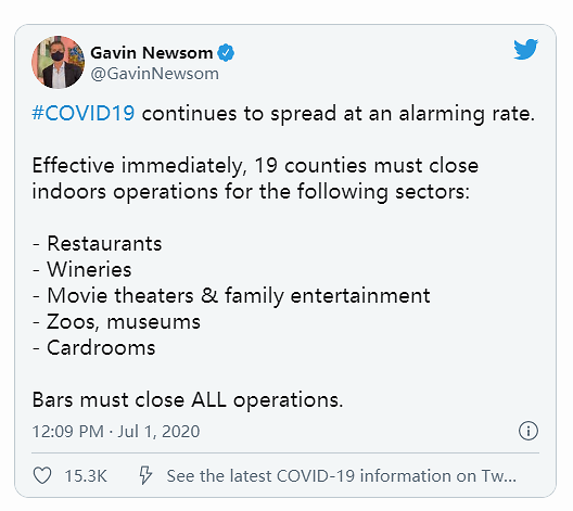 华人聚居地二次封城，州长命令关闭餐馆酒吧、取消独立日烟火表演