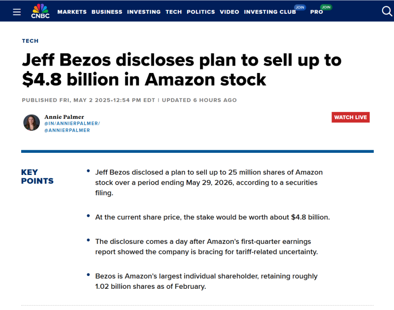 贝索斯拟出售48亿美元亚马逊股票