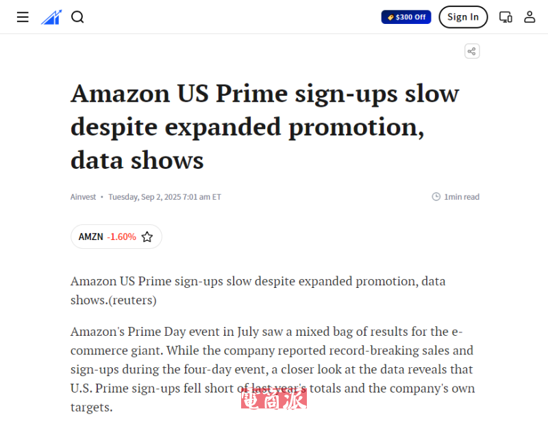 亚马逊Prime Day期间美国新会员注册数未达预期